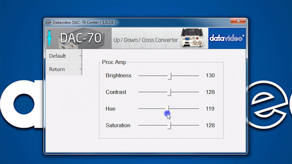 Adjustable brightness, contrast, hue, and saturation settings.